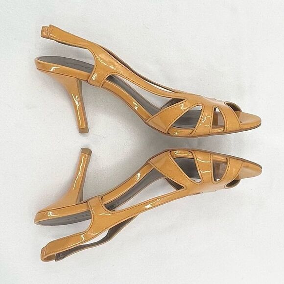 Moda Spana Golden Tan Strappy Patent Slingback Open Toe Heeled Sandals Size 7 - Picture 5 of 11